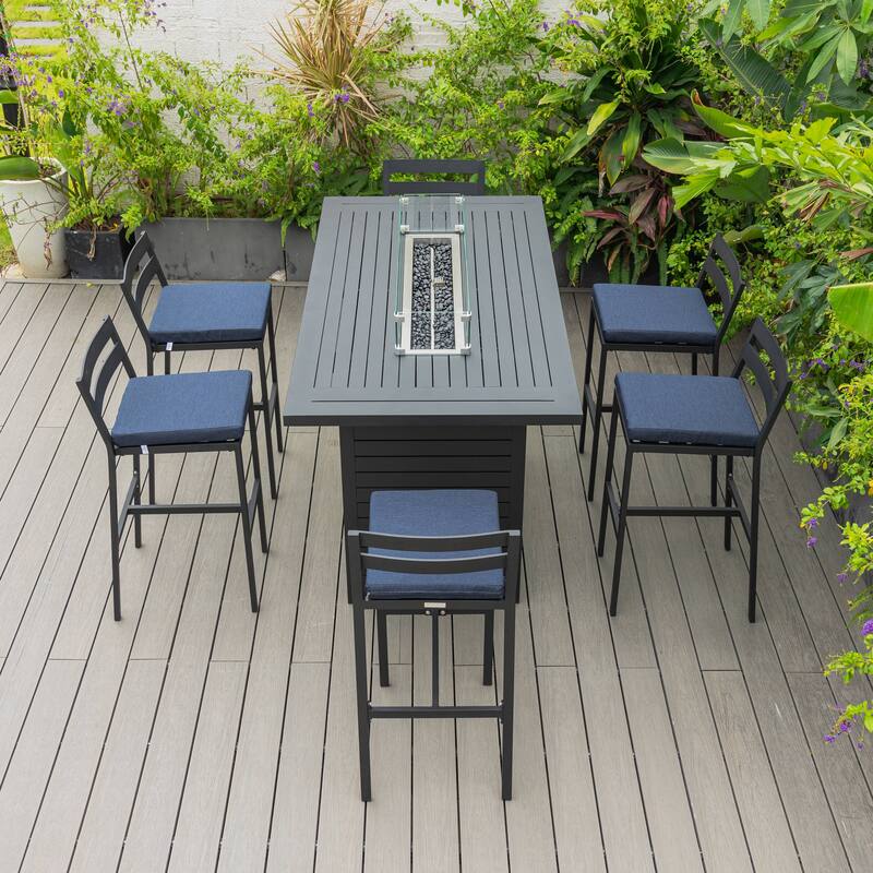 7-Piece Outdoor Patio Bar Height Dining Set in Aluminum with Rectangular Fire Pit Table and 6 Barstool