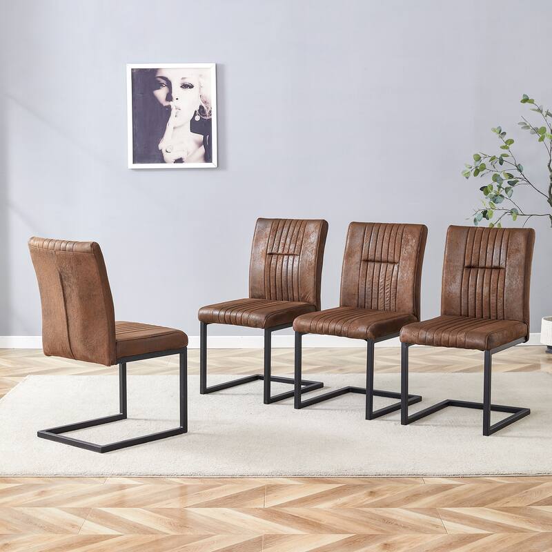 Set of 4 Ergonomic Dining Chairs – Brown Tech Fabric Upholstery with Comfortable Sponge Padding & Sleek Black Metal Legs‌ - Brown+Black