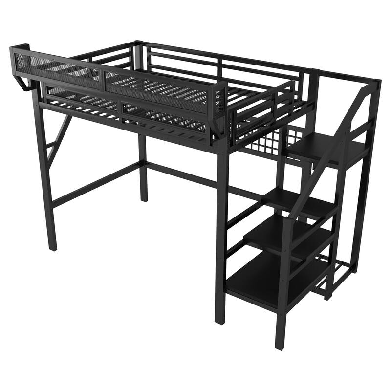 Full / Queen Metal Loft Bed with Stairs Light Storage Wardrobe for Kids Teens Adults