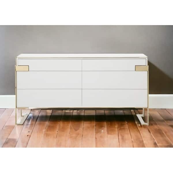 60" White Champagne Gold Solid And Manufactured Wood Six Drawer Dresser -  Bed Bath & Beyond - 41339427