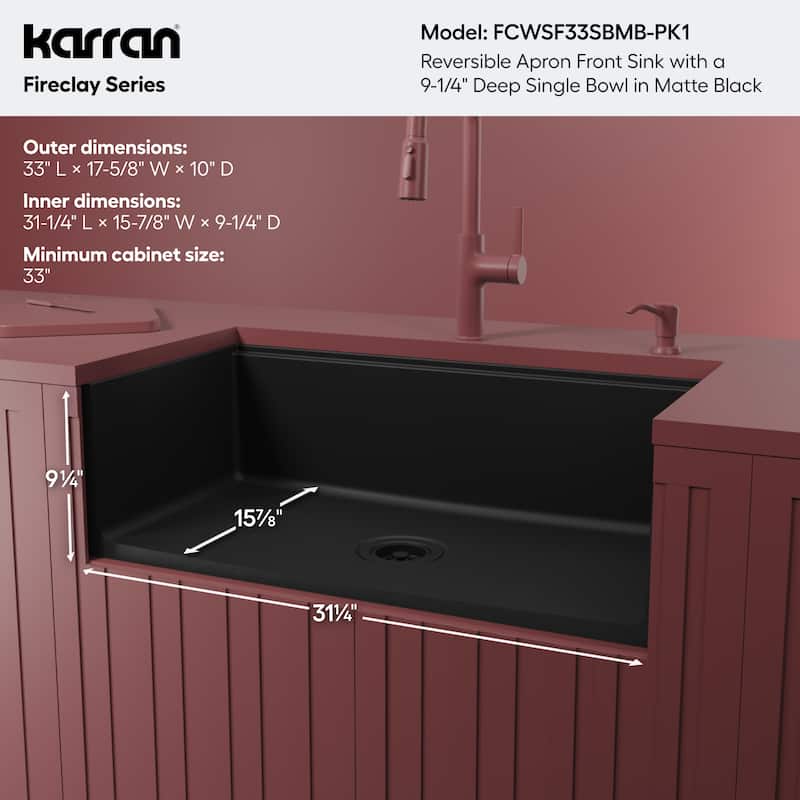 Karran 33" Single Bowl Workstation Fireclay Kitchen Sink with Reversible Fluted Apron Front