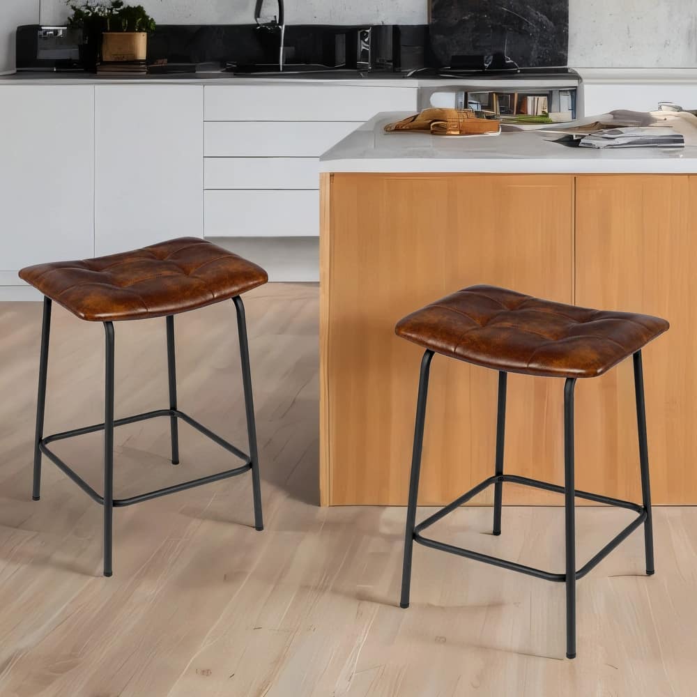 Saddle Tufted 24” Height Breathable Faux Leather Counter Stools