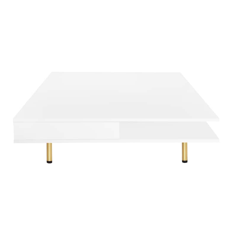 Roomfitters Square High Gloss Coffee Table with Golden Legs, Modern 2-Tier Center Table with Hidden Storage