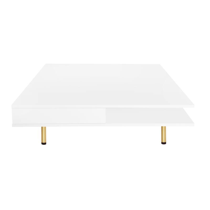 Stylish High Gloss Coffee Table 2 Tier Square Center Table with 4 Gold Legs and 2 Small Drawers, for Living Room