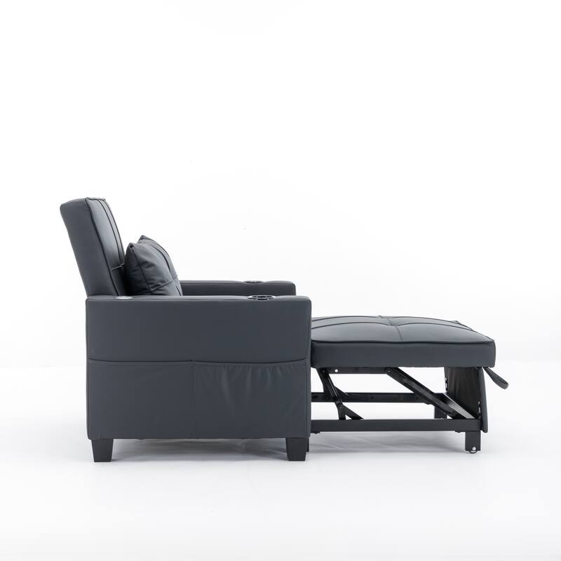 Leather Futon Armchair Bed with USB, Cup Holders & 3-Position Backrest