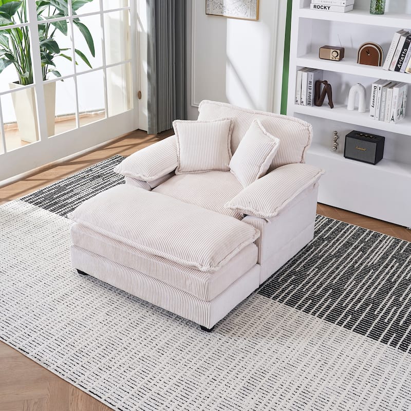 56.3 Inch Corduroy Single Deep Seat Sofa Chair With 2 Toss Pillows and a Ottoman