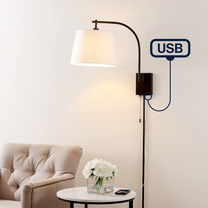 David 22.5" 1-Light Plug-In or Hardwired LED Gooseneck Swing Arm Wall Sconce with Pull-Chain and USB Charging Port by JONATHAN Y