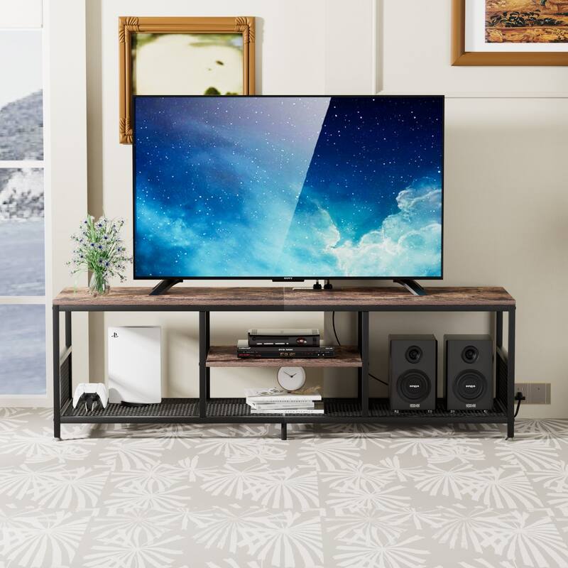 VECELO 55 Inch Brown TV Stand TV Media Console Table Entertainment Center with Power Outlets and Open Storage Shelves - 63 inches