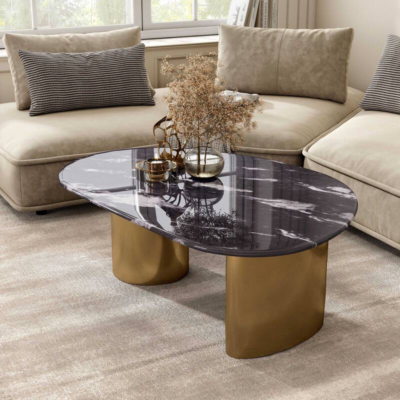 Furniture of America Luvien Modern Grey Sintered Stone Top Oval Coffee Table with Gold Legs