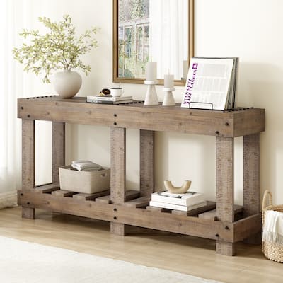 62.9" Vintage Entryway Table - Solid Cedar Wood with Natural Grain, 6 Reinforced Legs & 4.5" Thick Desktop