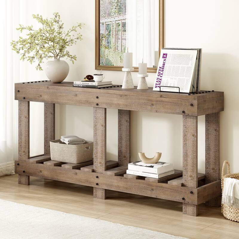 Vintage Solid Fir Wood Entryway Table with Metal Rivet Accents by Harper&Bright Designs - Natural