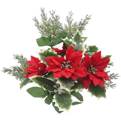 Artificial Winter Frost Seasonal Mixed Bush Holiday, Red, Silver,