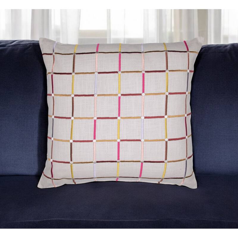 HomeRoots 20" White Check Cotton Blend Throw Pillow With Embroidery - Accent - Polyester