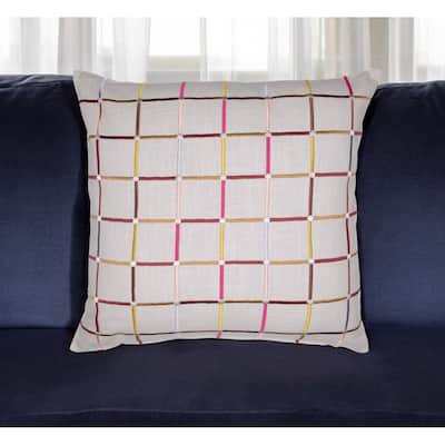 HomeRoots 20" White Check Cotton Blend Throw Pillow With Embroidery