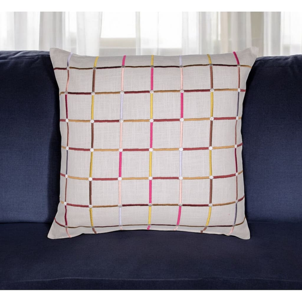 HomeRoots 20" White Check Cotton Blend Throw Pillow With Embroidery