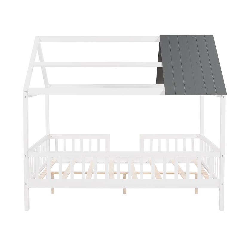 Full/Twin House Bed for Kids with Roof and Fence, Wood Platform Bed, Montessori Style