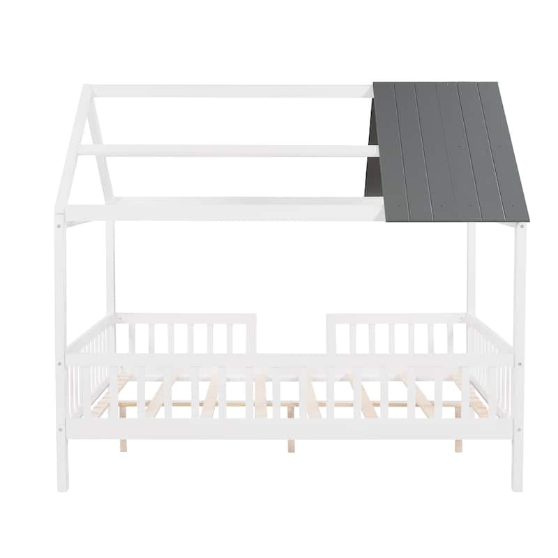 Pine House Platform Bed with Roof and Fence