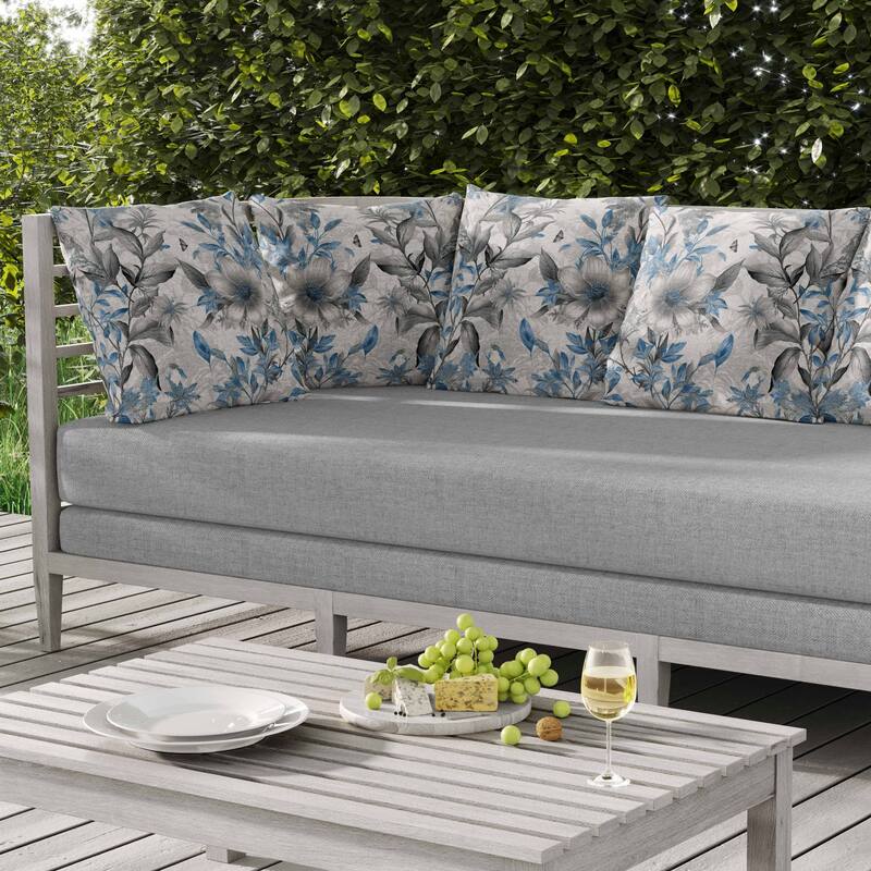 Exquisite Floral Breeze Indoor/Outdoor Reversible Throw Pillow Blue and Grey