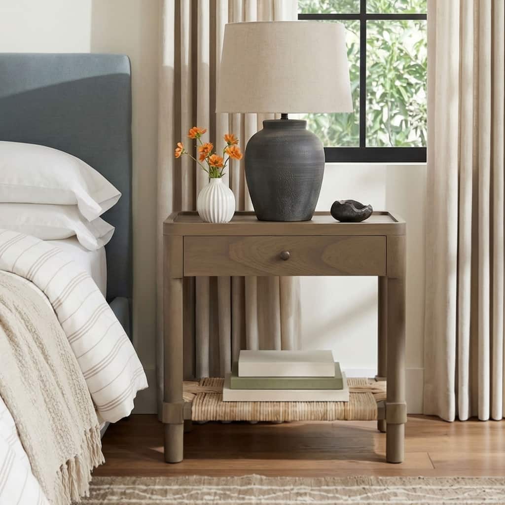 Asher Wood Tray Top 1-drawer Nightstand with Rush Shelf by East at Main