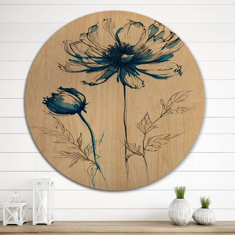 Designart "Indigo Flower Blossoming II" Floral Wood Wall Art - Natural Pine Wood
