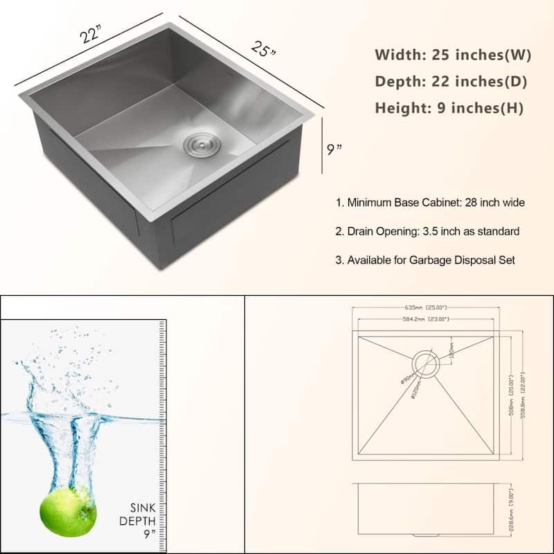25/30/32/33 inch Stainless Steel Undermount Single Bowl Kitchen Sink - 25"x 22"x 9"