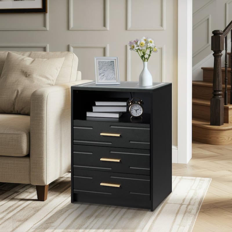 EROMMY Smart Nightstand with Wireless Charging, USB Ports, and Adjustable LED Lighting – Modern Bedside Table with 3 Drawers