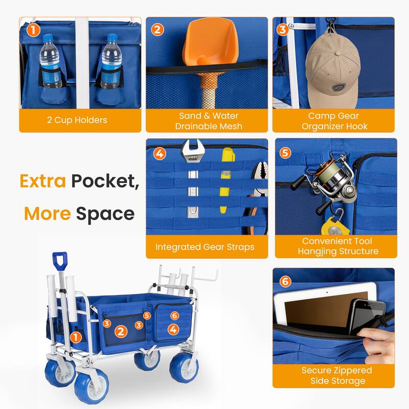 Beach Wagon Cart with Chair Racks & Fishing Rod Holders, 9" All-Terrain Wheels, Removable Cooler & Storage Bags