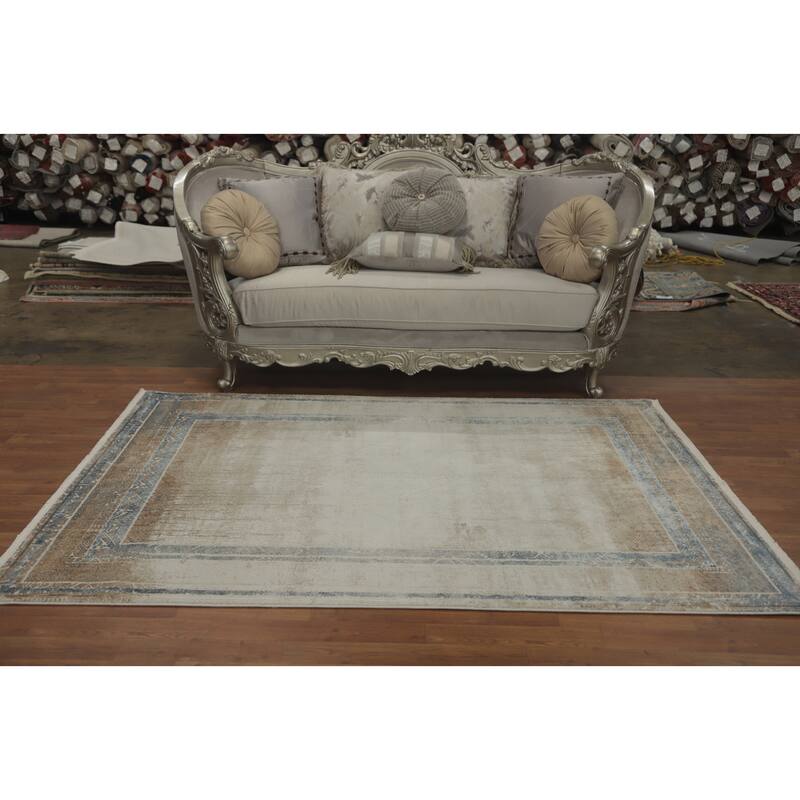 Machine Made Oriental Polyester Carpet Traditional Medallion Beige & Ivories Tabriz Area Rug - 7' 5'' X 5' 2''