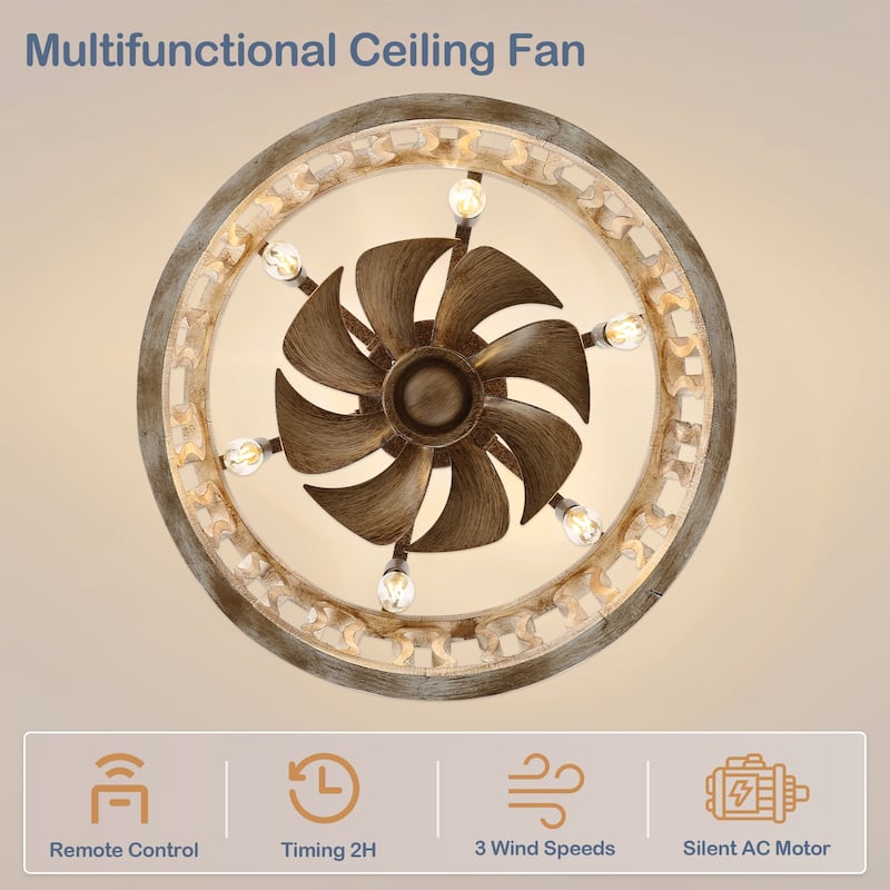 Cusp Barn 18-In Modern Caged Ceiling Fan with Remote, Farmhouse Antique Wood Fandelier, 6-Light Rustic Chandelier for Bedroom