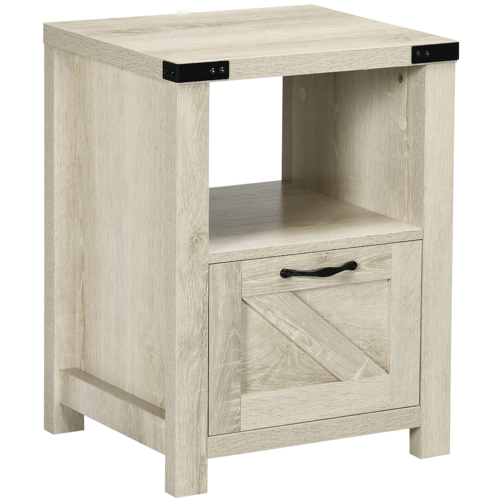 Farmhouse End Table, Rustic Side Cabinet with Storage, Small Side Table with Drawer, Wood Effect Tabletop for Living Room, Oak