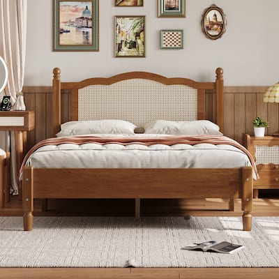 Walnut Full Size Vintage Wooden Bed with Rattan Headboard