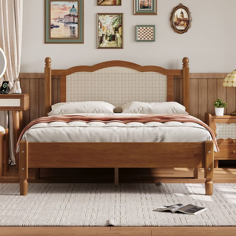 Wooden Platform Bed with Natural Rattan Headboard - Walnut-80" x 57" x 42.9"(L x W x H)