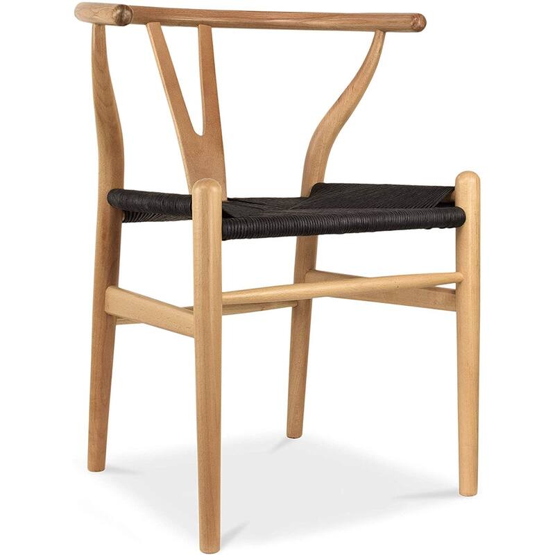 Woven Wood Armchair with Arms Open Y Back Mid Century Modern Office Dining Chairs Black Seat Kitchen Bedroom Organic Rattan