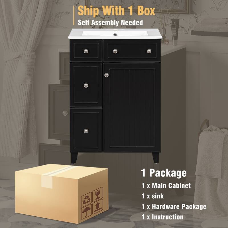 24" Bathroom Vanity Cabinet with Ceramic Sink & 2 Drawers, Bathroom Storage Cabinet Free-standing Single Sink Cabinet, Black