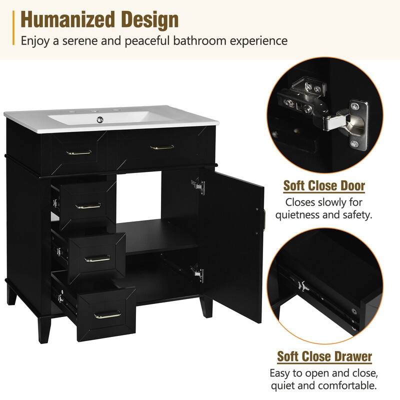 Modern Freestanding Bathroom Vanity with 30-Inch Ceramic Sink, Soft Close Storage Cabinet with 3 Drawers & Adjustable Shelf