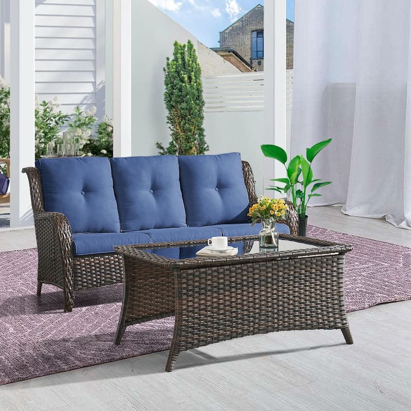 Gymojoy 2-Piece Outdoor Wicker Patio Furniture with 3 Seat Sofa, Rattan Coversation Set with Water Resistant Thick Cushions - Brown Wicker / Blue Cusion - 2-Piece