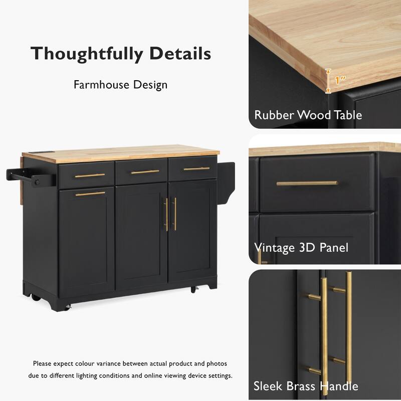 59.3" Rolling Kitchen Island with Drop Leaf, Power Outlet & Trash Can Storage