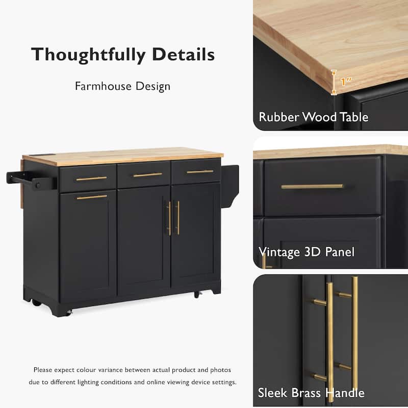 59.3" Rolling Kitchen Island with Storage and Pull-Out Organizers Rubber Wood Drop Leaf Rolling Design for Versatile Use