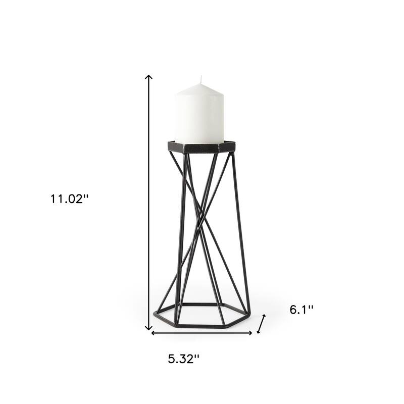 11" Black Distressed Geometric Metal Tabletop Pillar Candle Holder