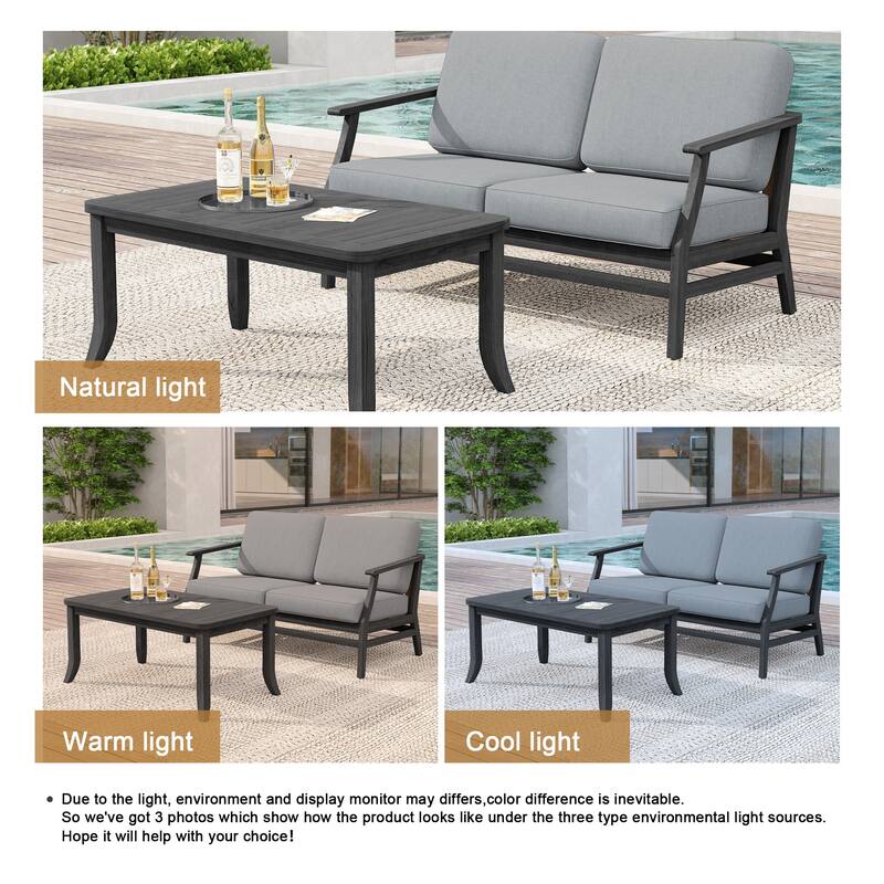 Teak Wood Patio Outdoor Loveseat Sofa and Coffee Table Set