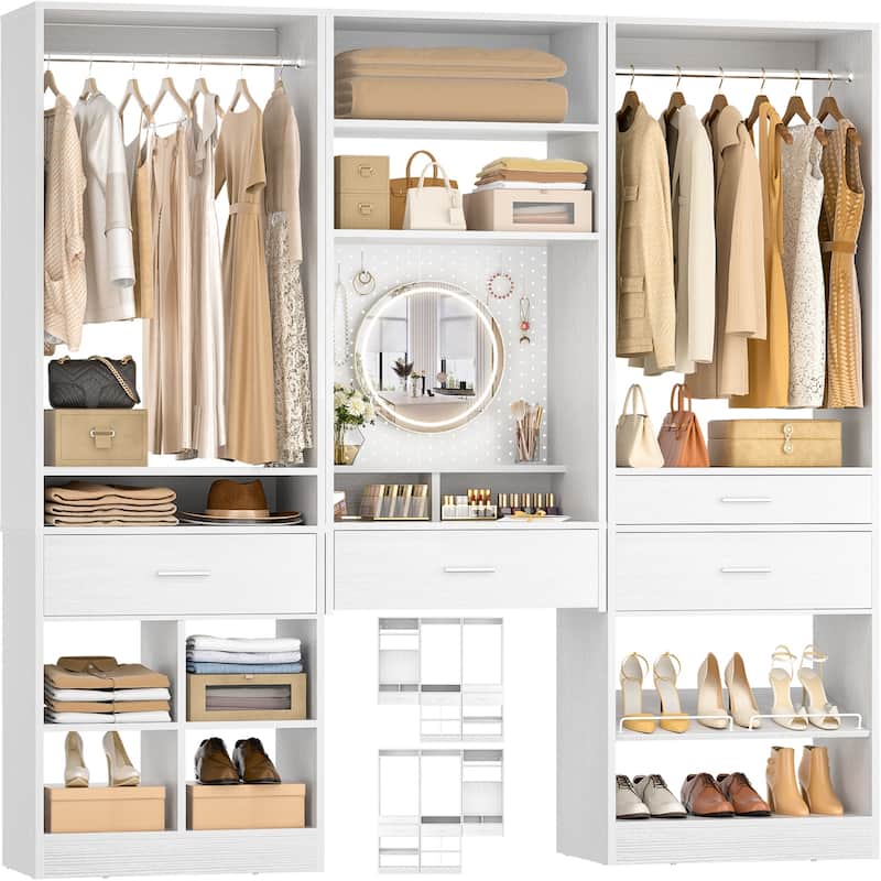 Set of 3 75'' Closet System with Metal Pegboard ＆ Shoe Rack ＆ Hanging Rods ＆ 4 Drawers, Space-saving Walk-in Closet Organizer