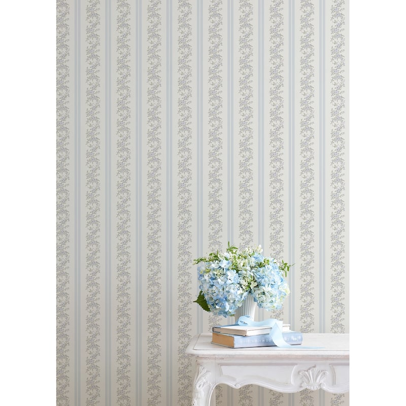 Marigold Wreath Baby Blue Rush Floral Stripe Wallpaper