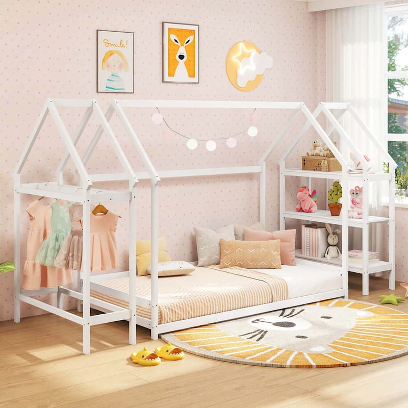 Costway Twin Size House Bed Montessori Floor Bed with Detachable
