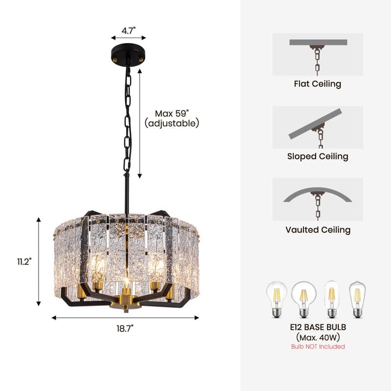 18.7 in. Black Modern Crystal Chandelier 5-Light Drum Pendant Light for Bedroom Living Room
