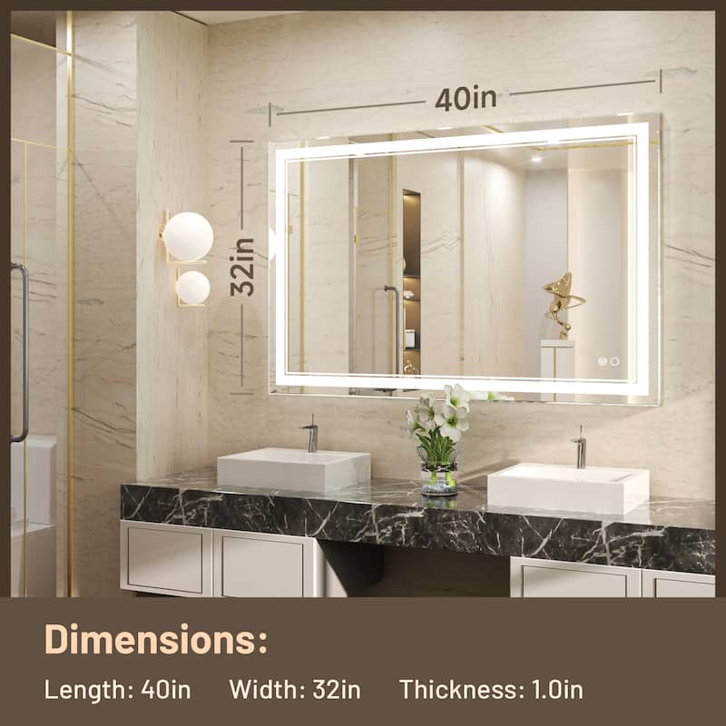 Keonjinn LED Front Light Bathroom Vanity Wall Mirror, 3 Color Temperatures, Anti-fog