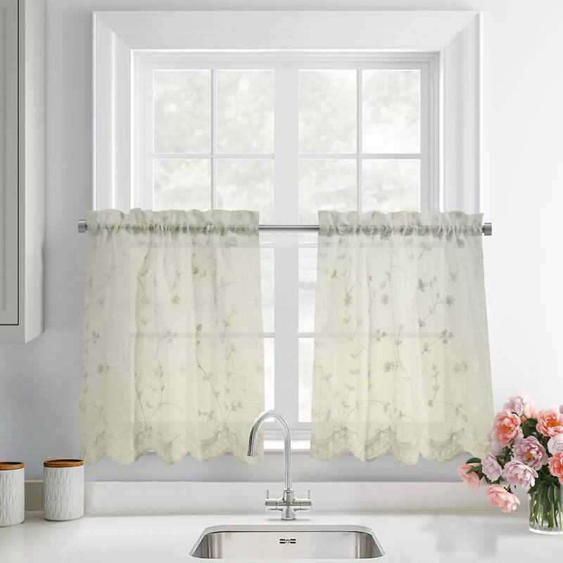 Grandeur Embroidered Sheer Curtain Valance and Tiers with Scallop Detail - 52" x 24" - Cream