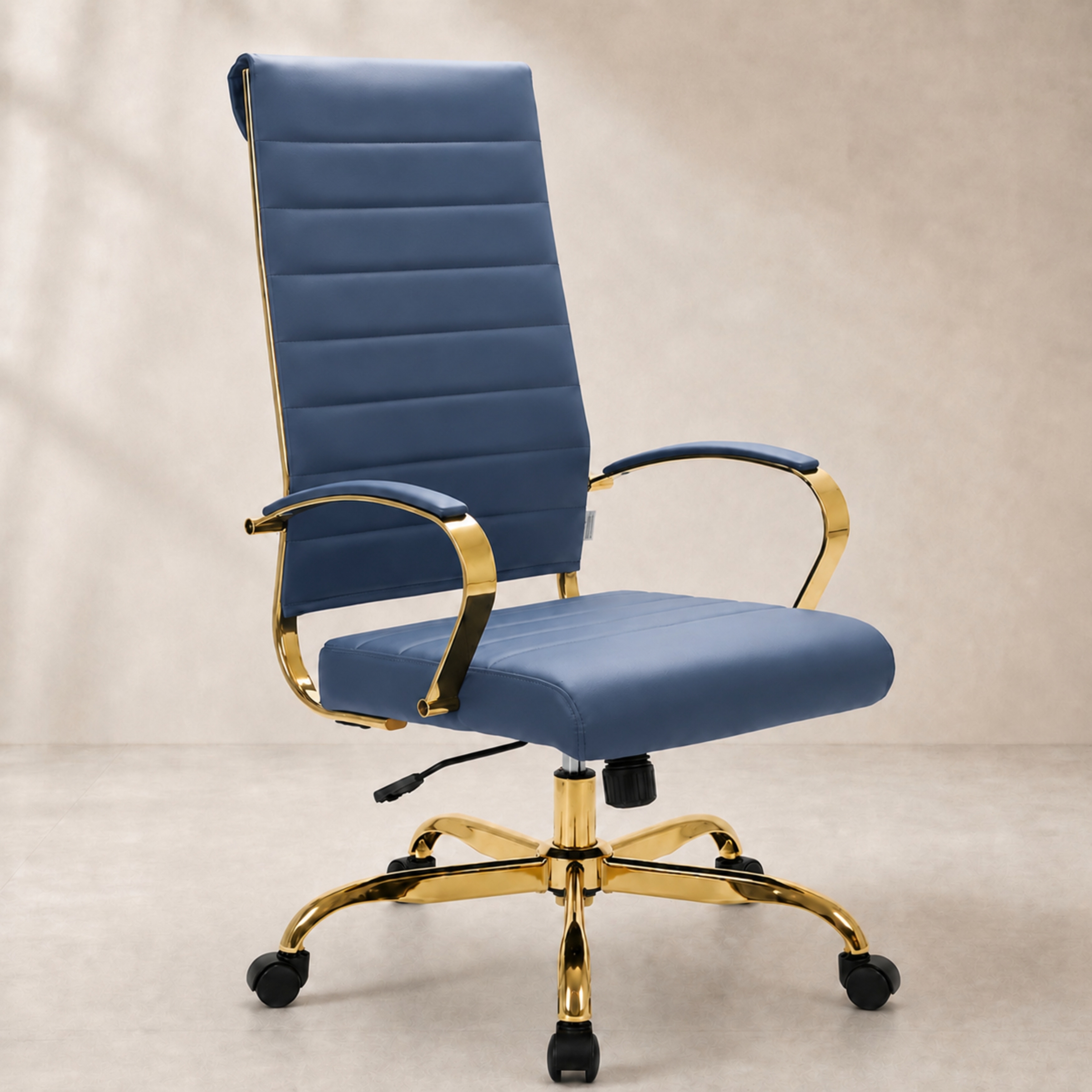 LeisureMod Benmar Ribbed Leather Executive Chair - Modern Gold Frame Swivel & Tilt - Mid-Century Ergonomic Desk Chair