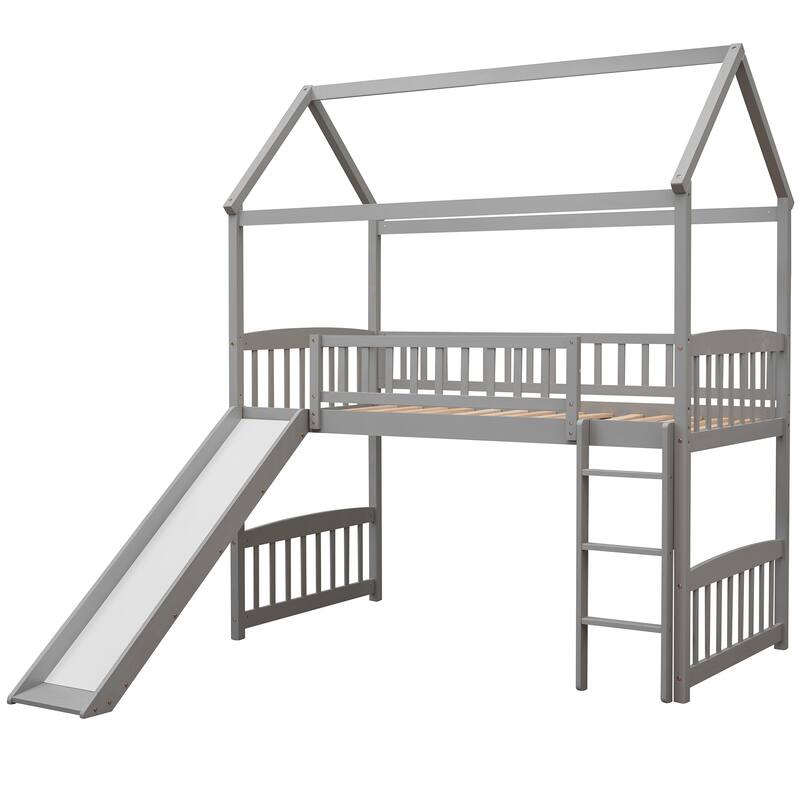 Gray Pine Wood Full Size Loft Bed with Versatile Storage Options and