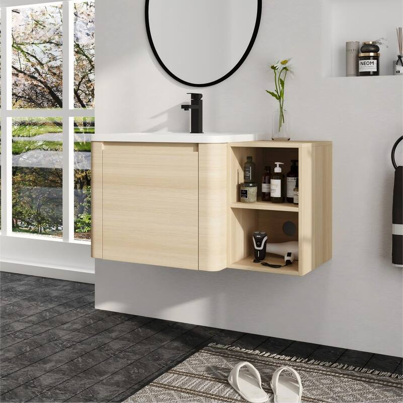 Malwee 24"/36"/48"/60" Floating Bathroom Vanity, Wall Mounted Bathroom Vanity with Ceramic Sink,Soft Close Door and Shelf