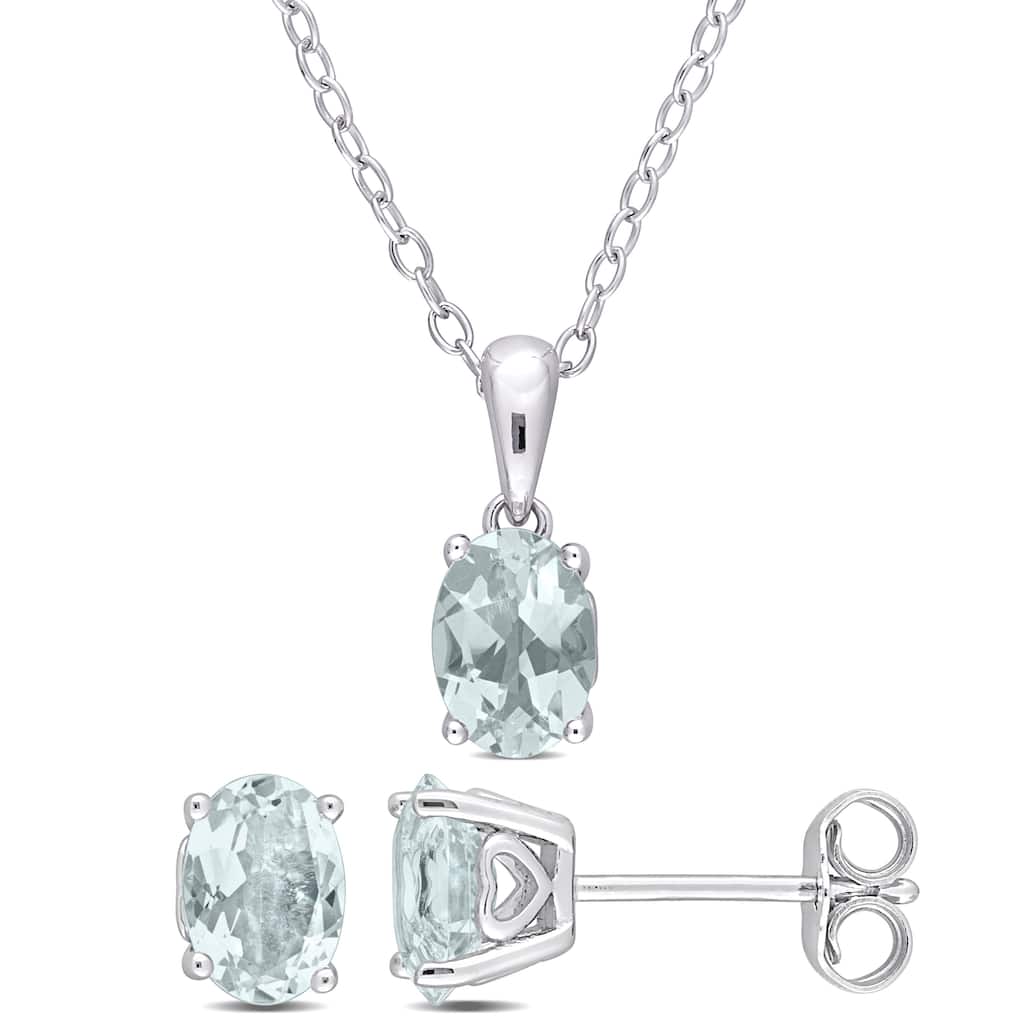 Miadora 1 4/5ct TGW Oval Aquamarine Solitaire Necklace and Stud Earrings Set in Sterling Silver